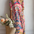 Robe décontractée en coton et lin à imprimé floral vintage pour femme, avec poches. 