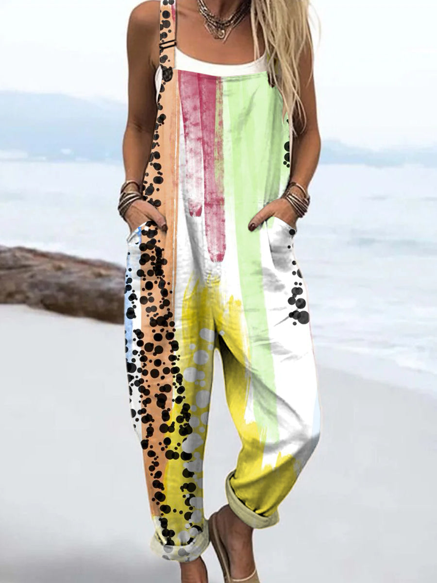 Women's Art Colourful Abstract Patterns Print Casual 100% Cotton Wide Leg Jumpsuit