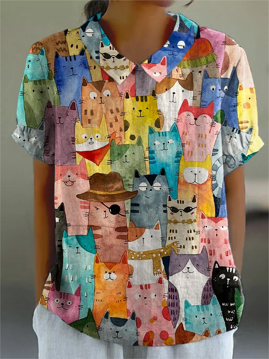 Watercolor Cute Cats Repeat Pattern Printed Women's Casual Cotton And Linen Shirt