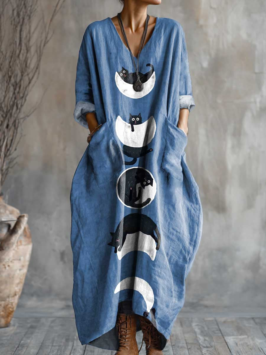 Women's Lovely Cats Art Pattern Print Pocket V-neck Cotton Dress