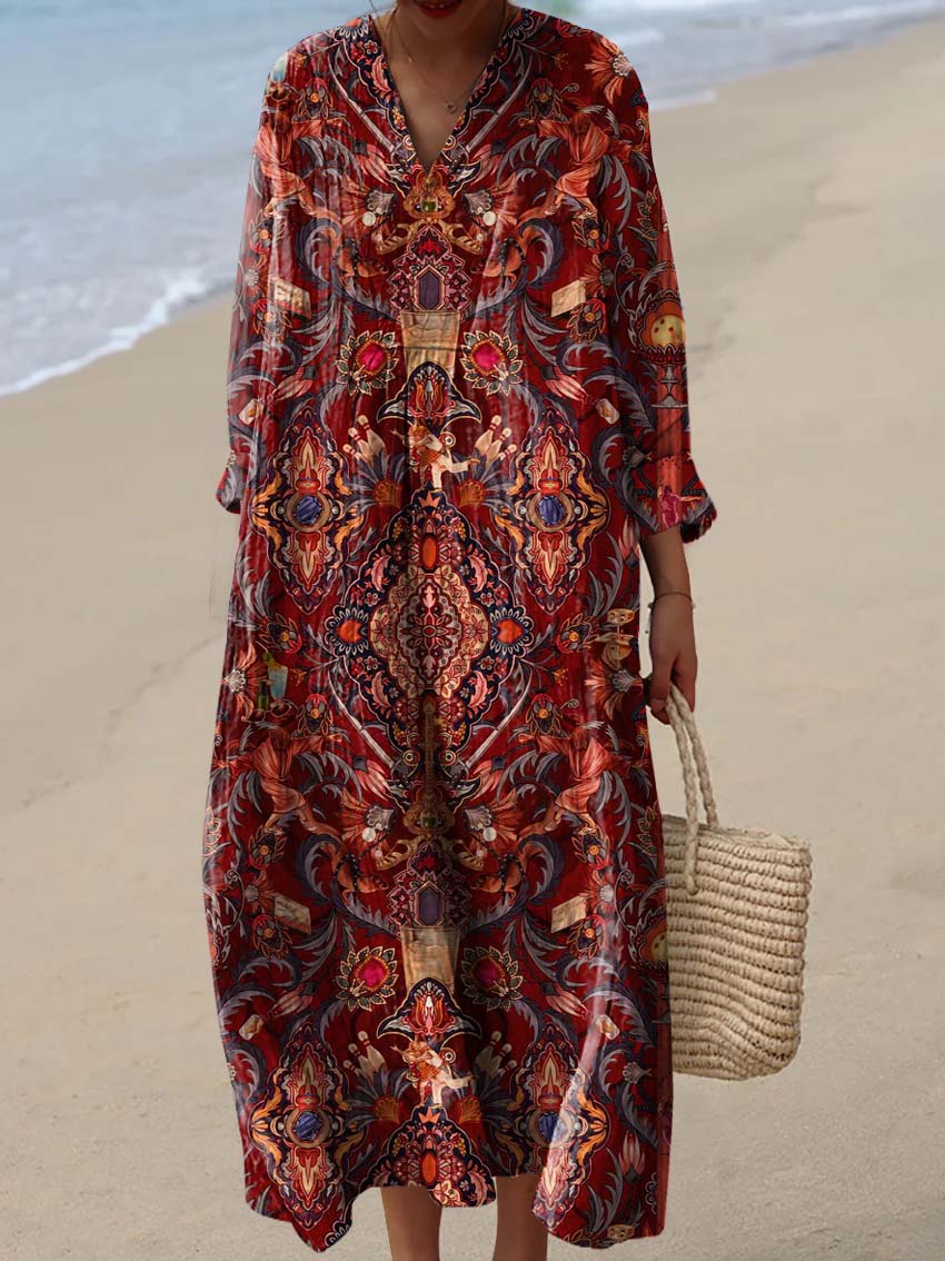 Women's Vintage Ethnic Floral Art Print Cotton Dress