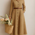 Women's Plaid Print Lapel Long Sleeve Casual Loose Cotton and Linen Shirt Dress