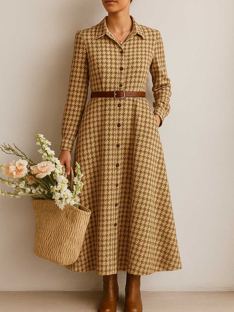 Women's Plaid Print Lapel Long Sleeve Casual Loose Cotton and Linen Shirt Dress