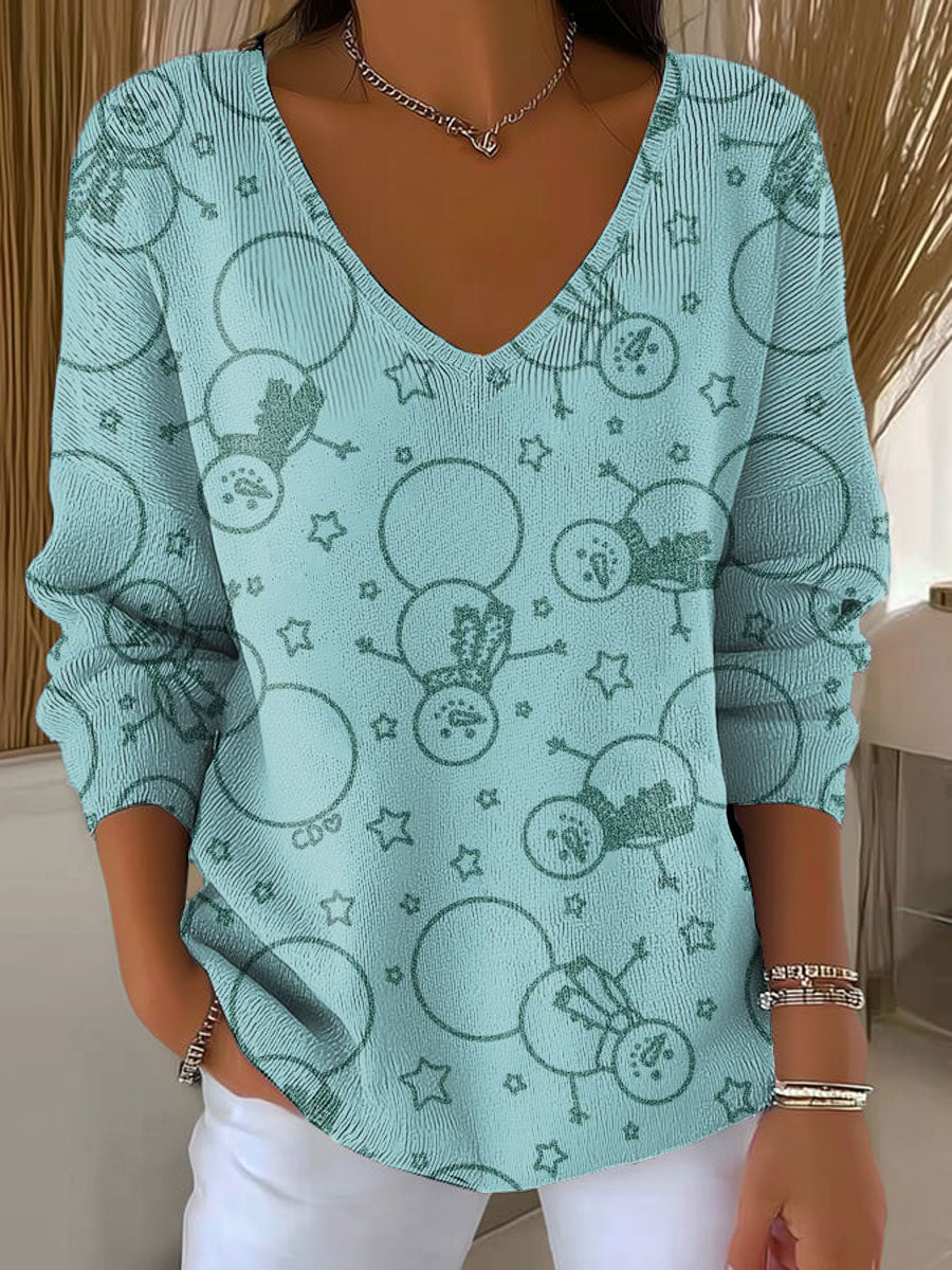 Women's Christmas Snowman Pattern Print Casual Pullover Sweater