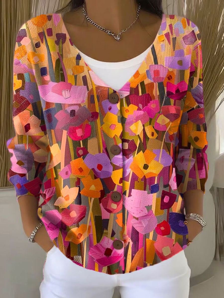 Vintage Flower  Art Print Buttoned V-neck Cardigan Sweater
