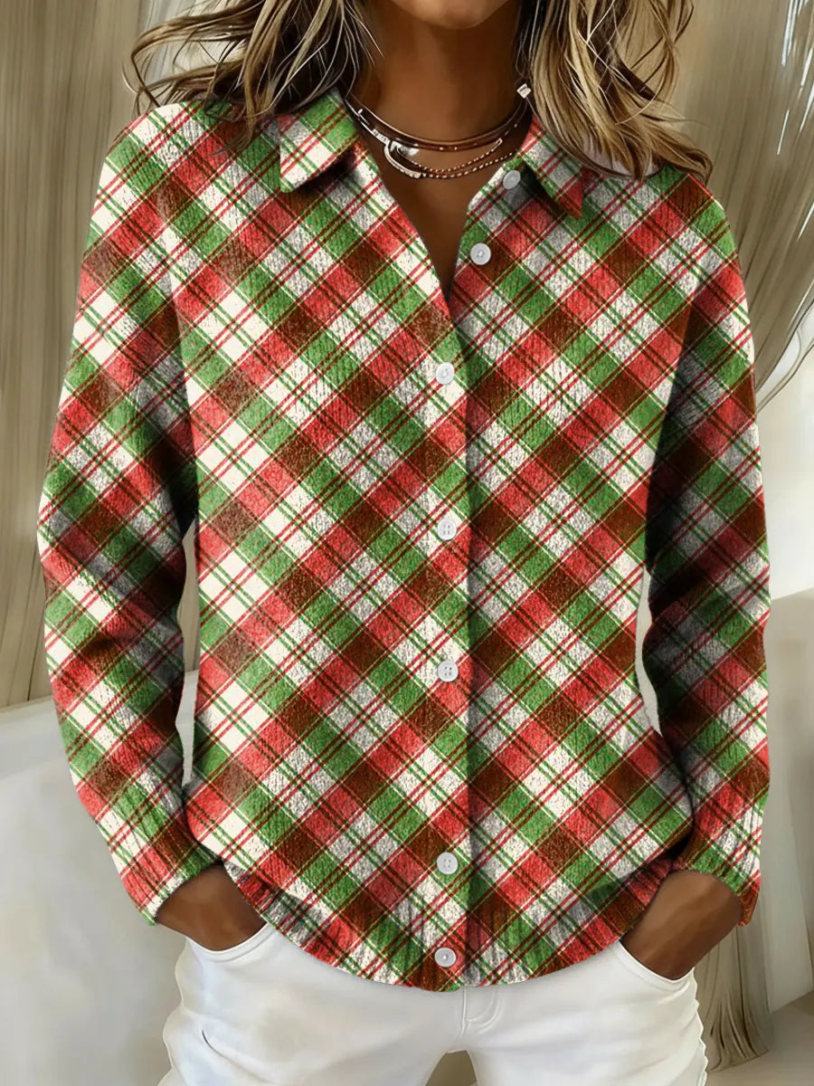 Women's Christmas Plaid Printed Collared Sweater