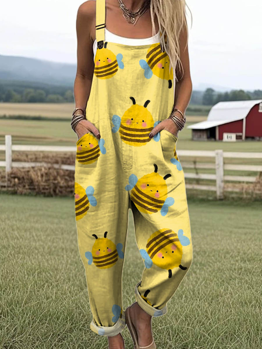 Women's Lovely Bees Art Print Casual 100% Cotton Wide Leg Jumpsuit