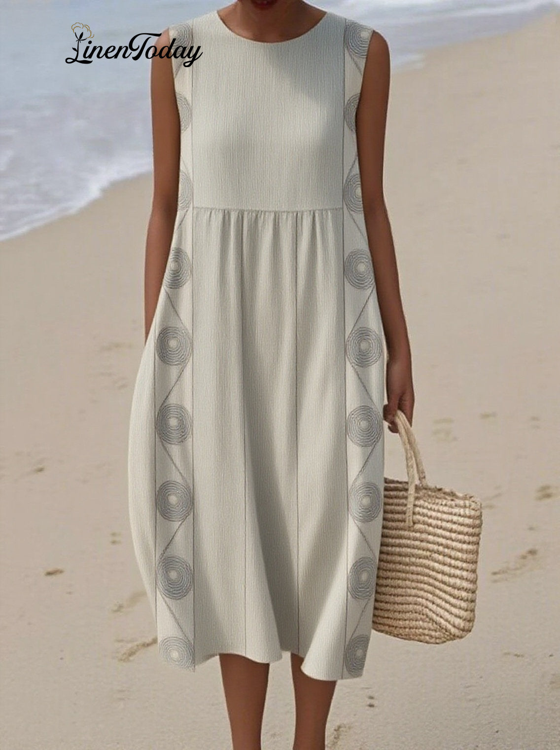 Women's Vintage Abstract Geometric Art Print Sleeveless Cotton Pocket Wrap Dress