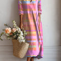 Women's Pink Vintage Abstract Plaid Art Print Linen Pocket Tunic Dress