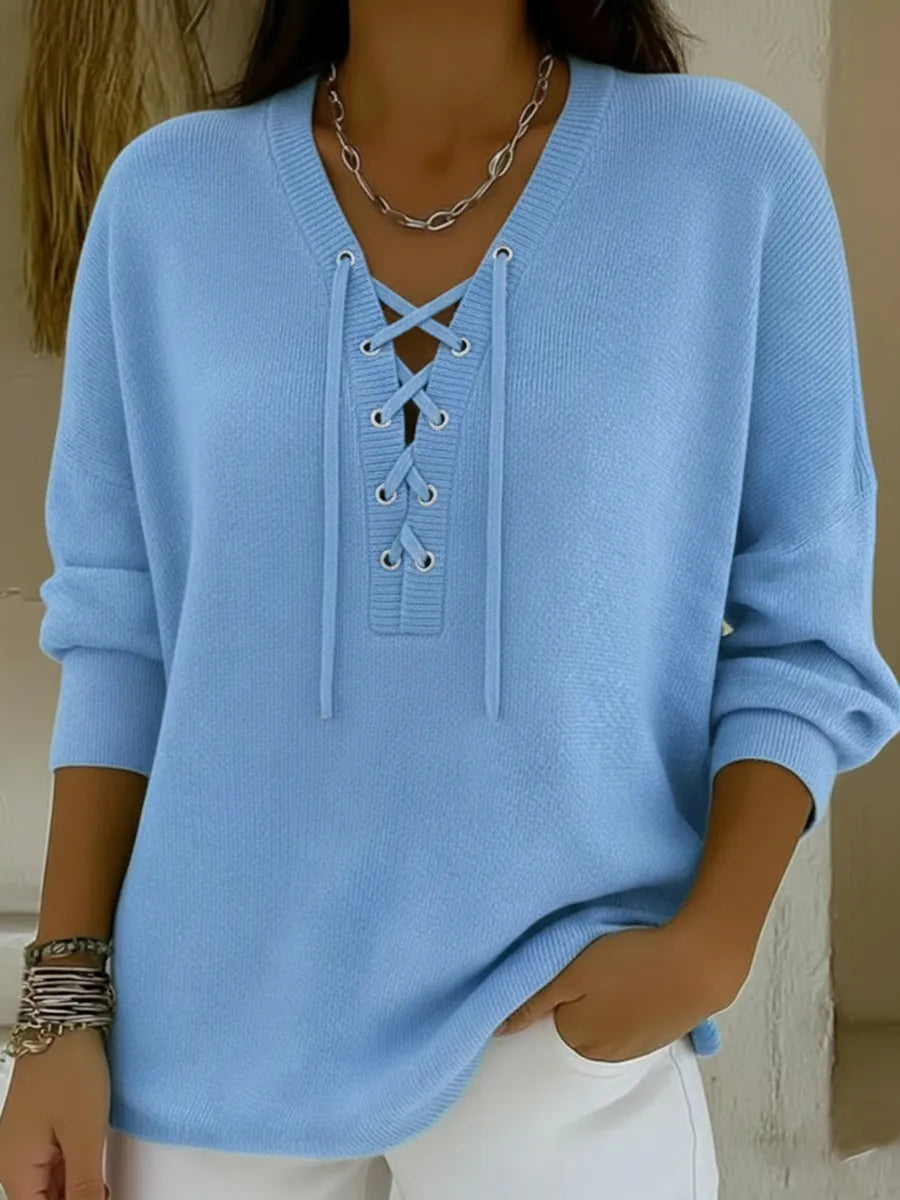 Casual V-neck Tie-front Pullover Sweater