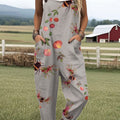 Women's Vintage  Flowers Bees  Art Print Casual 100% Cotton Wide Leg Jumpsuit