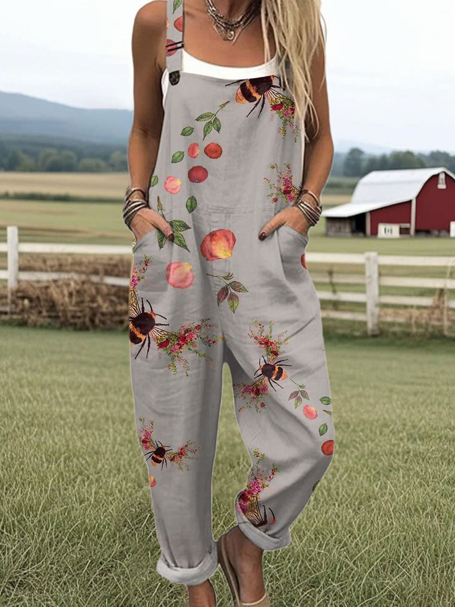 Women's Vintage  Flowers Bees  Art Print Casual 100% Cotton Wide Leg Jumpsuit