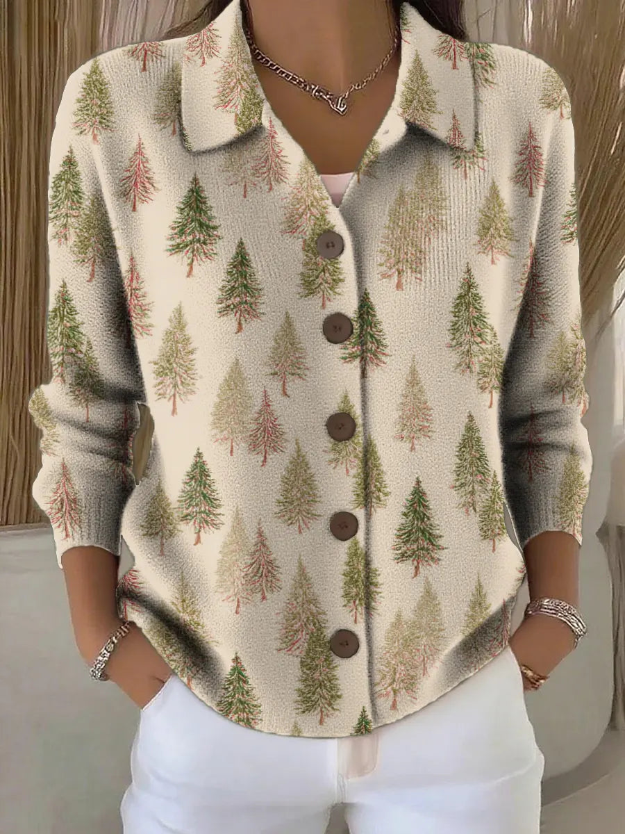 Women's Christmas Tree Pattern Print Printed Collared Sweater