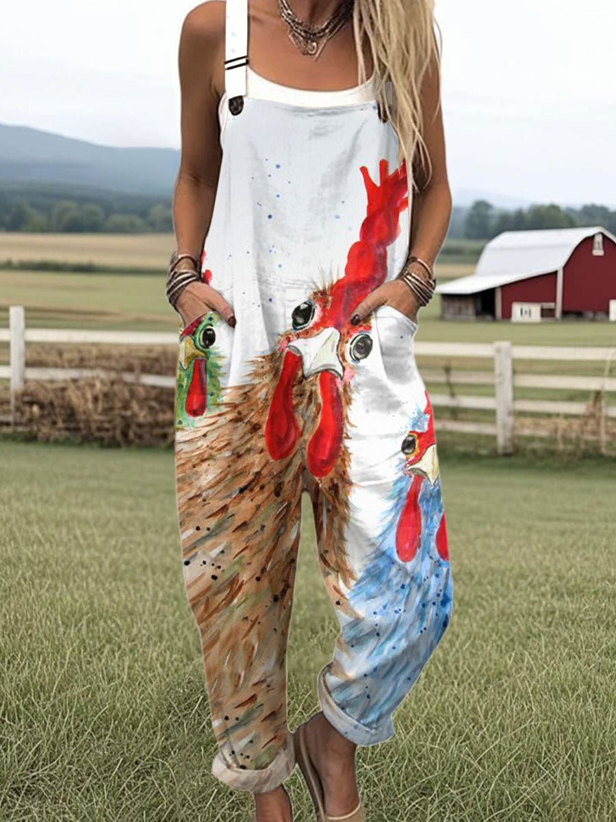 Women's  Funny Rooster Art Print Casual 100% Cotton Wide Leg Jumpsuit