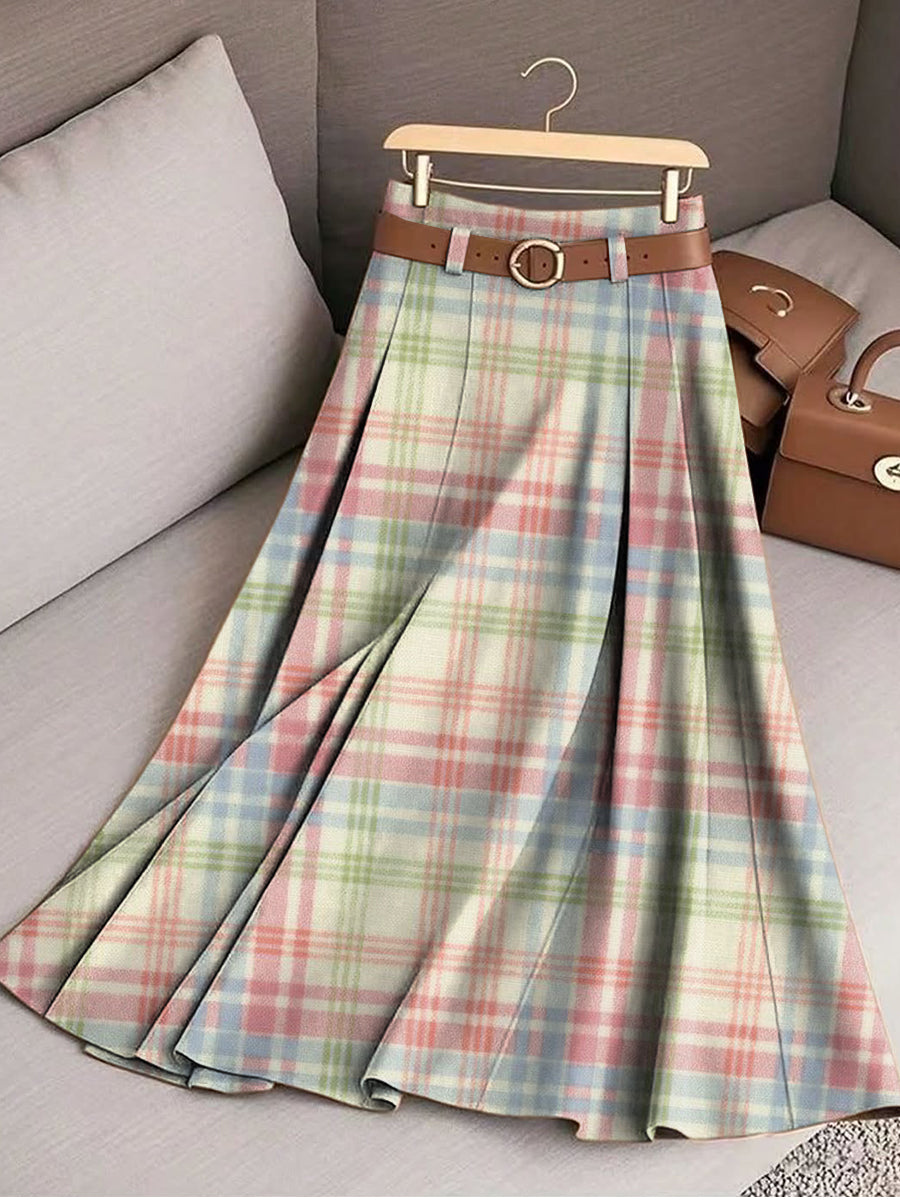 Women's Vintage Beautiful Colorful Plaid Art Print Cotton Skirt