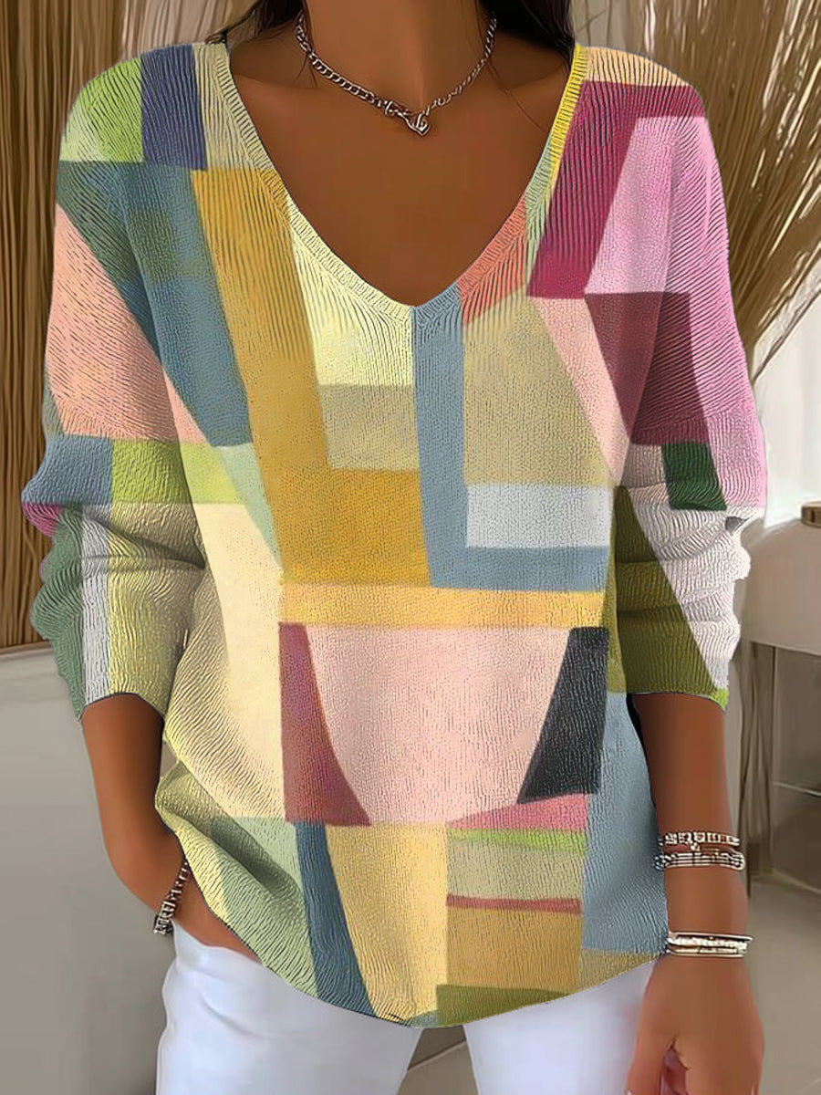 Women's Abstract Colorful Geometric Color Block Painting Art Print Casual Pullover Sweater