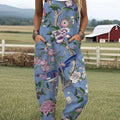 Women's  Vintage Flower Art Print Casual 100% Cotton Wide Leg Jumpsuit