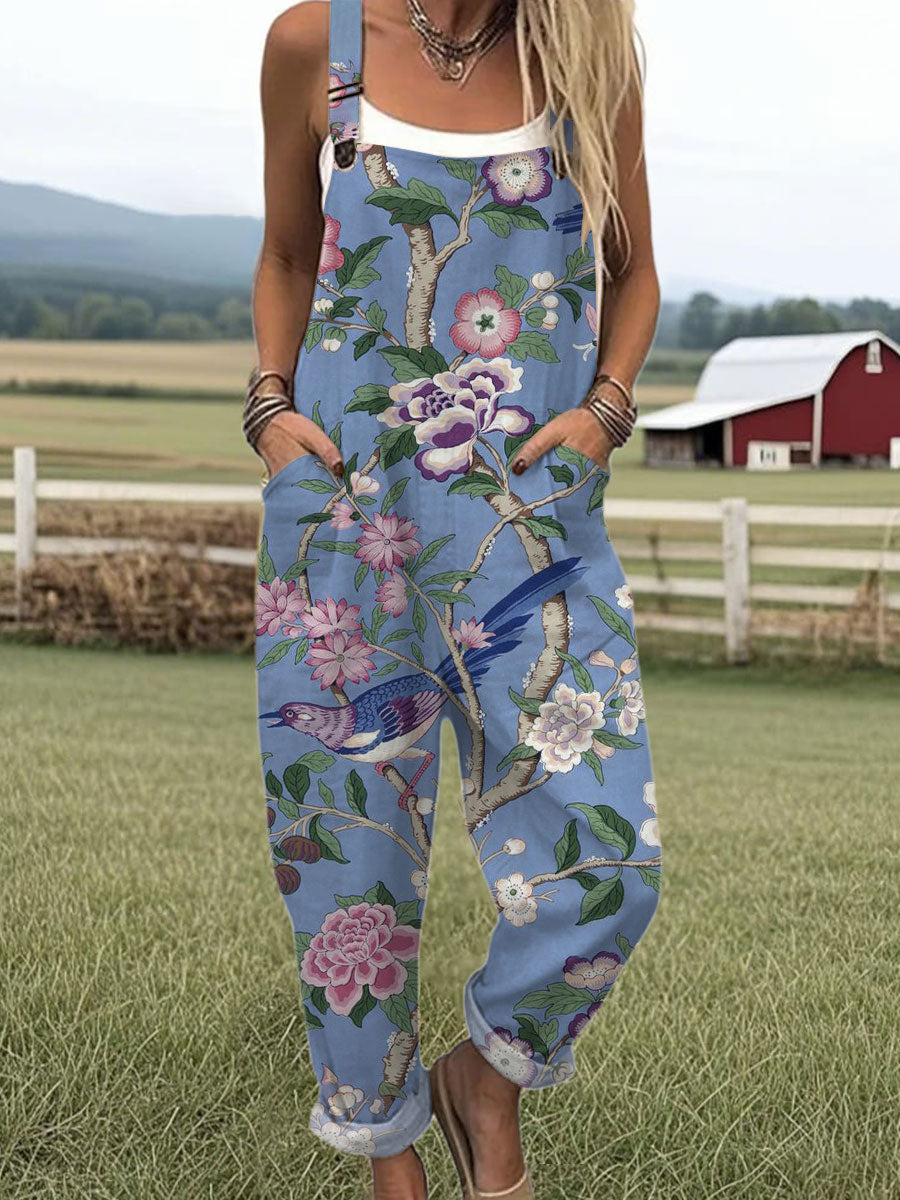 Women's  Vintage Flower Art Print Casual 100% Cotton Wide Leg Jumpsuit