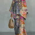Women's Vintage Ethnic Floral Art Comfortable Loose Cotton Linen Wide-leg Pants Two-piece Set