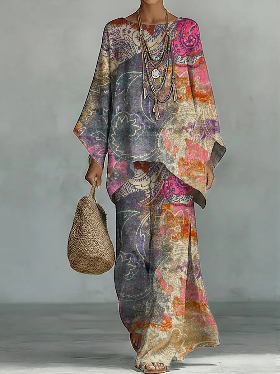 Women's Vintage Ethnic Floral Art Comfortable Loose Cotton Linen Wide-leg Pants Two-piece Set