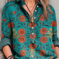 Women's Vintage Floral Pattern Art Print Casual Cotton And Linen Shirt