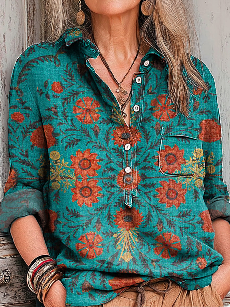 Women's Vintage Floral Pattern Art Print Casual Cotton And Linen Shirt