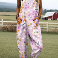 Women's Vintage Chicken Art Print Casual 100% Cotton Wide Leg Jumpsuit