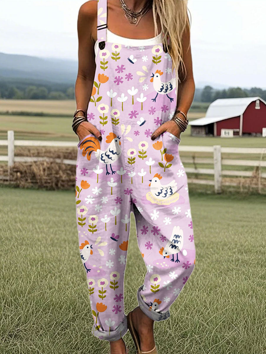 Women's Vintage Chicken Art Print Casual 100% Cotton Wide Leg Jumpsuit