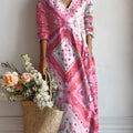 Women's Pink Irregular Totem Print Linen Pocket Tunic Dress