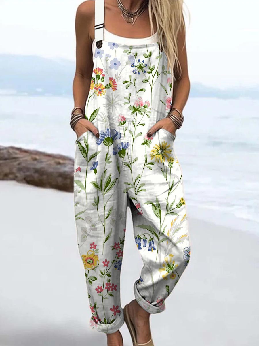 Women's Vintage Floral Art Print Casual 100% Cotton Wide Leg Jumpsuit