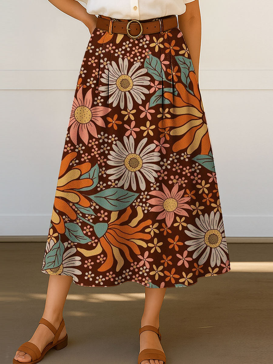 Women's Retro Floral Flowers Print High Waist Casual A-Line Skirt