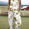 Women's  Flower Bee Print Casual 100% Cotton Wide Leg Jumpsuit