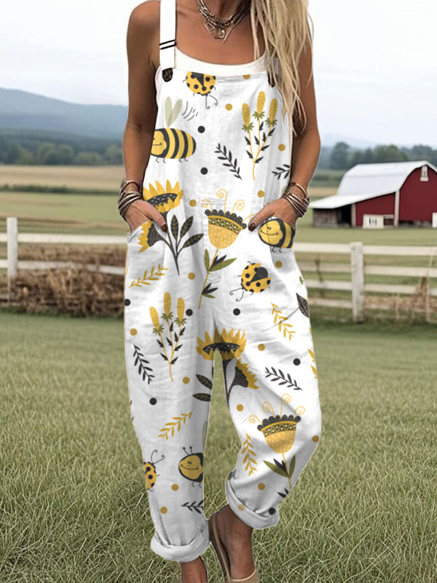 Women's  Flower Bee Print Casual 100% Cotton Wide Leg Jumpsuit