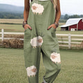 Women's Artistic Creativity Cute Lamb Print Casual 100% Cotton Wide Leg Jumpsuit