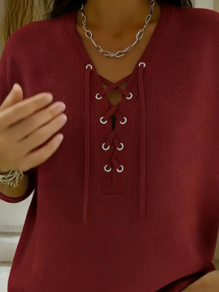 Casual V-neck Tie-front Pullover Sweater