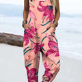Women's Lovely Floral Art Print Casual 100% Cotton Wide Leg Jumpsuit