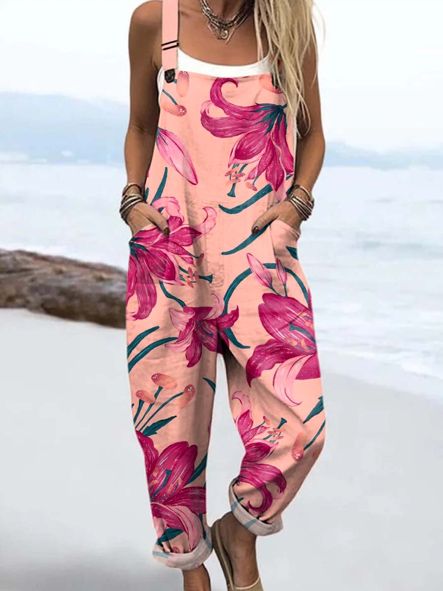 Women's Lovely Floral Art Print Casual 100% Cotton Wide Leg Jumpsuit