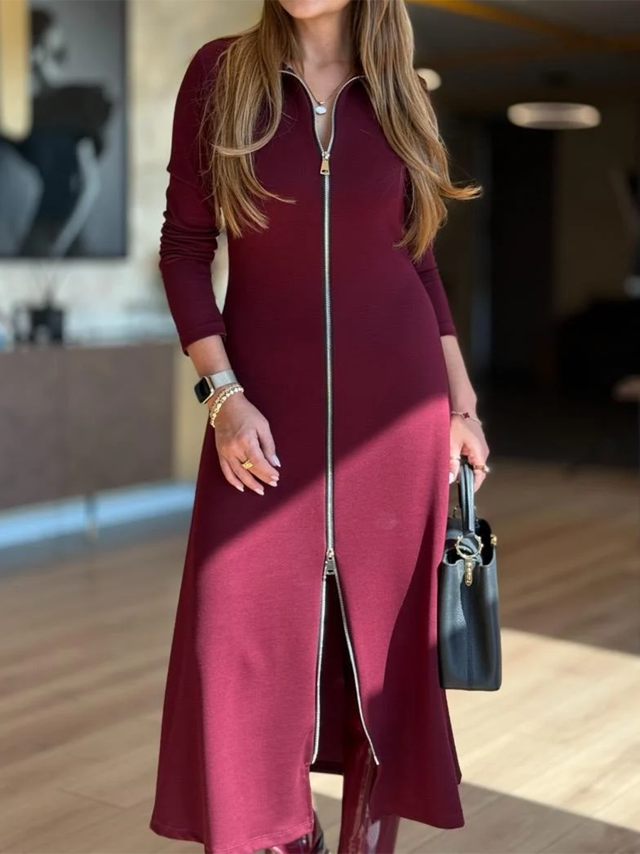 Women's Casual Solid Color Zipper Stretch MIDI Dress