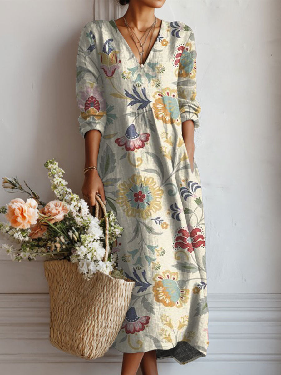 Women's Vintage Flower Art Print Linen Pocket Tunic Dress