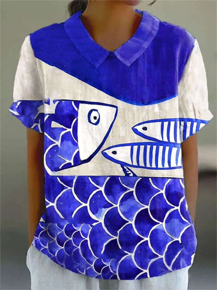 Women's Fish  Art Print Casual Cotton And Linen Shirt
