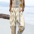 Women's  Vintage Abstract Geometric Art Print Casual 100% Cotton Wide Leg Jumpsuit