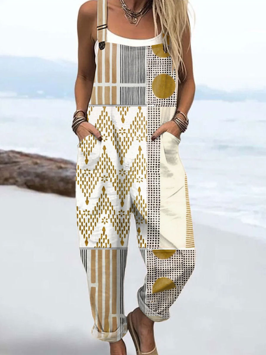 Women's  Vintage Abstract Geometric Art Print Casual 100% Cotton Wide Leg Jumpsuit