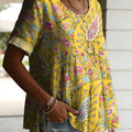Women's Vintage Floral Pattern Casual Art Print Round Neck Cotton Linen Loose Short-sleeved Shirt