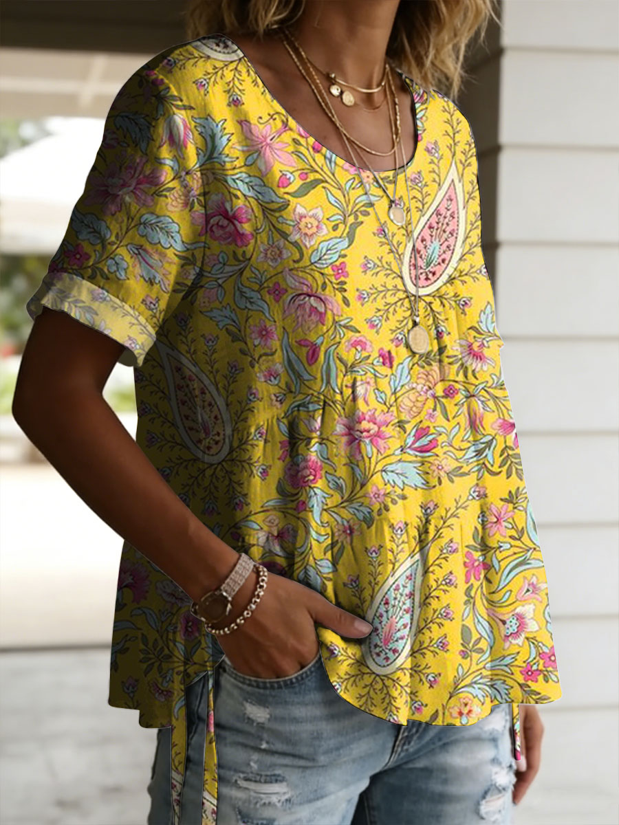 Women's Vintage Floral Pattern Casual Art Print Round Neck Cotton Linen Loose Short-sleeved Shirt