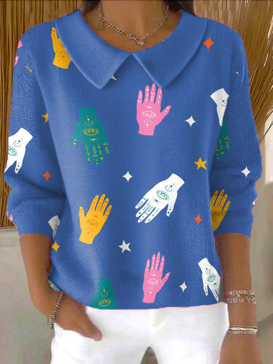 womens-blue-hands-pattern-casual-peter-pan-collar-3-4-sleeve-sweater