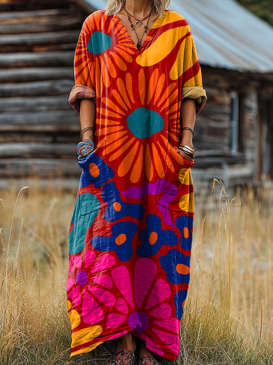 Women's Vintage Abstract Colorful Floral Painting Art Print Pocket V-neck Cotton Dress