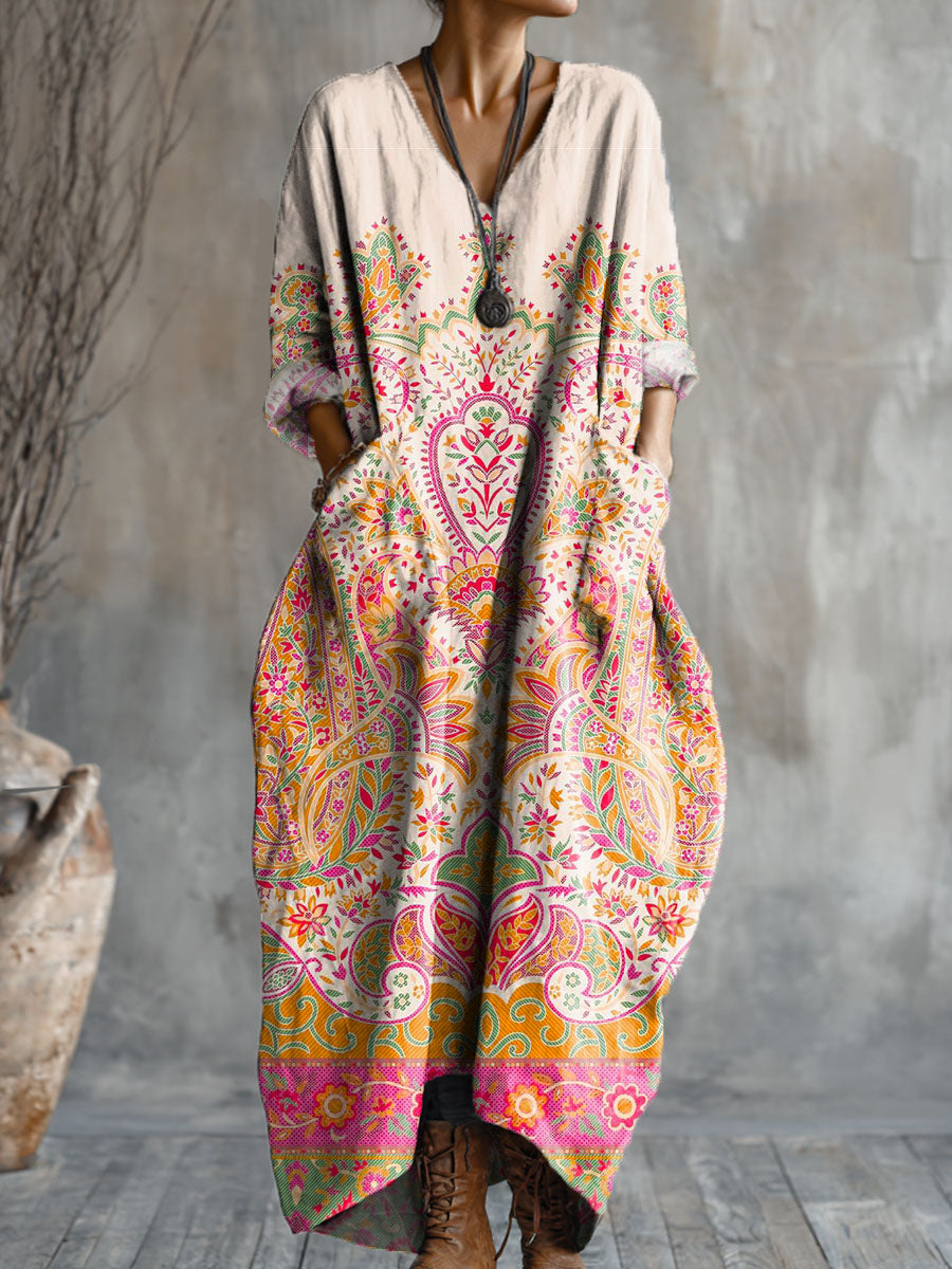 Women's Vintage Floral Art Pattern Print Pocket V-neck Cotton Dress