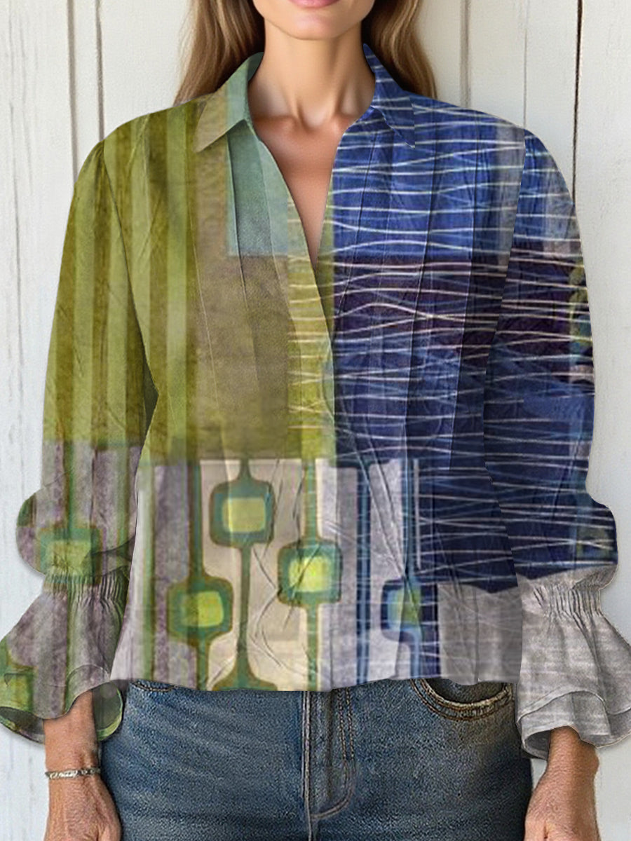 Women's  Vintage Geometry Art Print Casual  Cotton And Linen Shirt