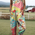 Women's  Patchwork Floral Art Print Casual 100% Cotton Wide Leg Jumpsuit