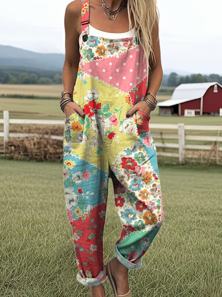 Women's  Patchwork Floral Art Print Casual 100% Cotton Wide Leg Jumpsuit
